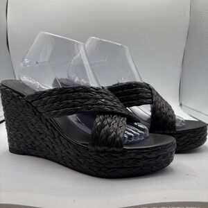 Marc Fisher Flynn Black Woven Raffia Platform Wedge Sandals Womens Size 11M